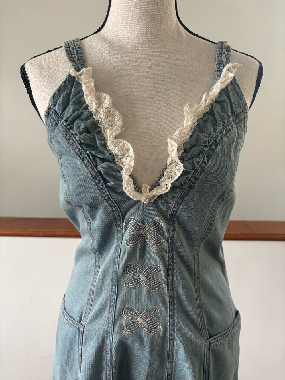 Oyrosy Boho Lace Denim Retro Dress Size Small - Picture 3 of 10